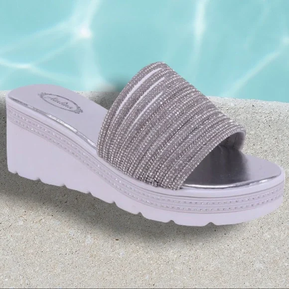 Restock!  White Platform Silver Rhinestone Embellished Wedge Slide-In Sandals - Picture 12 of 12